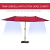 Outsunny Patio Umbrella 15' Steel Rectangular Outdoor Double Sided Market with base, Sun Protection & Easy Crank for Deck Pool Patio, Wine Red