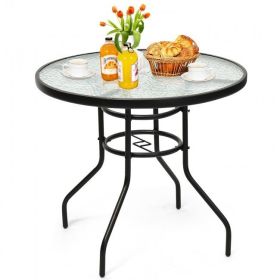 Patio Garden Round 32 Inch Tempered Glass Top Table Square Base Bracket  With Umbrella Hole (Color: Black)